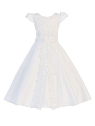 White Satin Communion Dress w/ Corded Floral Lace Applique