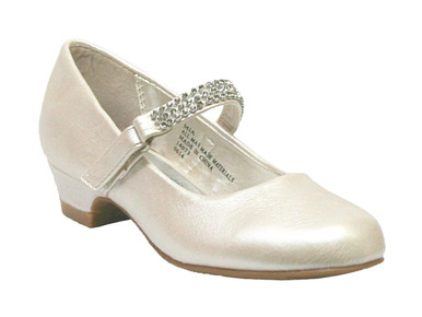 Ivory Low Heel Girls Dress Shoe w/ Rhinestone Strap - Pink Princess