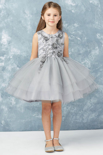 Tip Top Kids 7014 Silver Short Dress w/ Metallic Applique