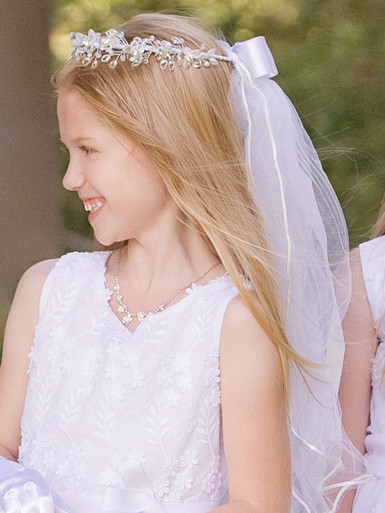 First Communion Veil, Floral & Rhinestone, 2-Tiered, Corded Veil