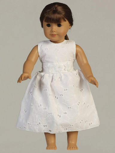 White Embroidered Cotton Doll Dress w/ Flower Cummerbund - Pink Princess White Embroidered Cotton Doll Dress w/ Flower Cummerbund - Pink Princess