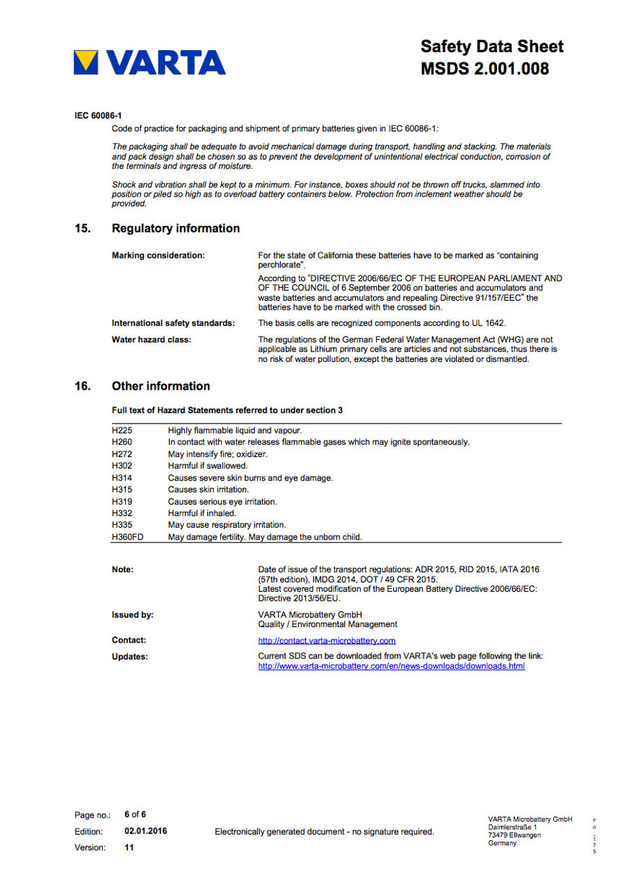 Siemens 575332 Battery MSDS