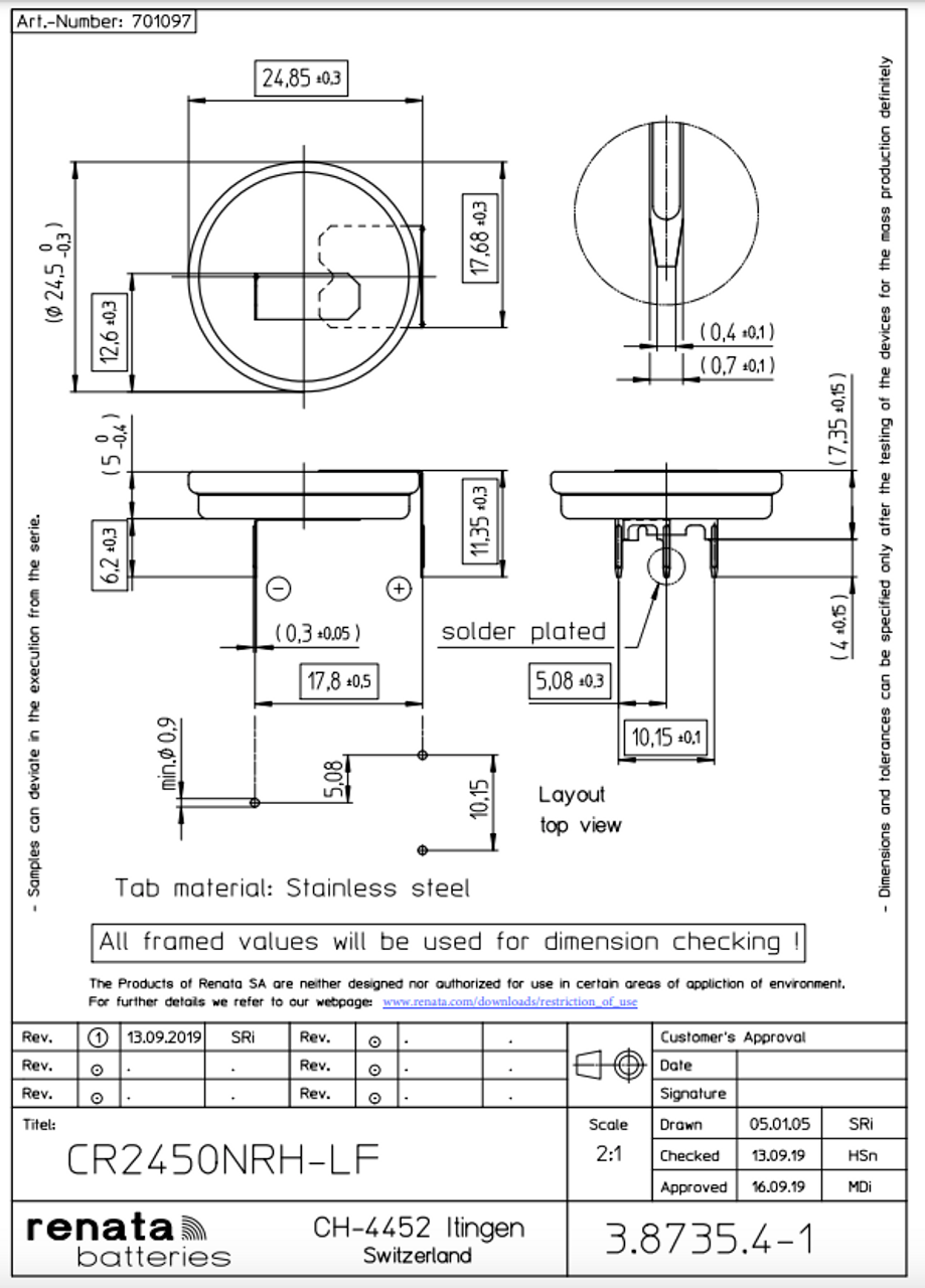 Renata CR2450NRH-LF Battery (3 Pin Horizontal)(25 Pieces)