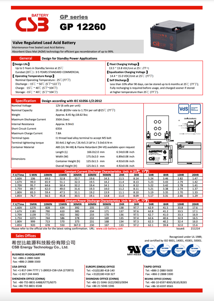 CSB GP12260 Battery - 12V 26Ah AGM - Nut & Bolt Terminals