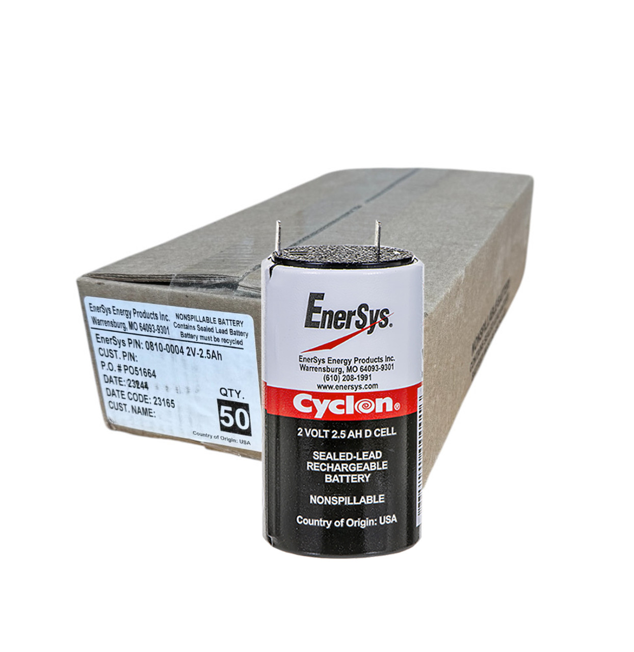 0810-0004 Battery by Enersys Cyclon 2 Volt 2.5 AH D Cell - 50 Pieces