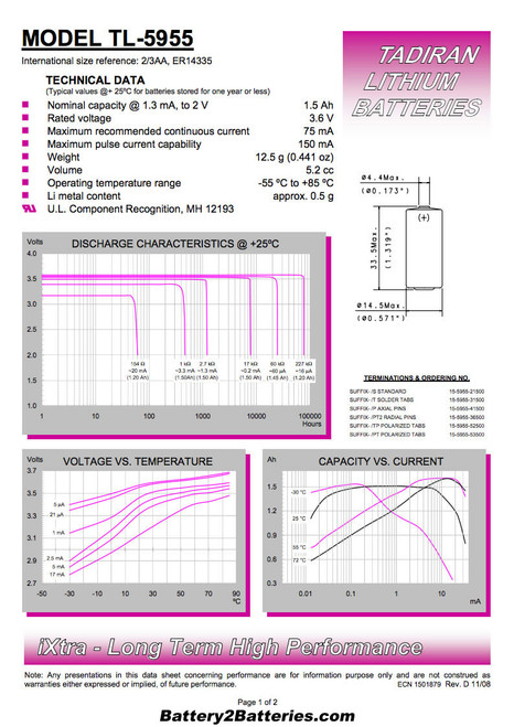 Tadiran TL-5955 - TL-5955/S Battery - 3.6V Lithium 2/3AA