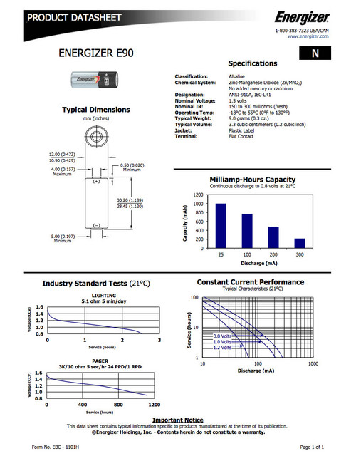 Energizer E90 Battery - 1.5V N Cell