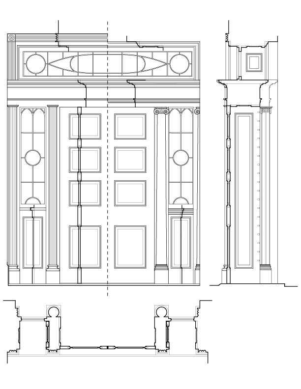 FRONT ENTRANCE ELEVATION AND SECTION