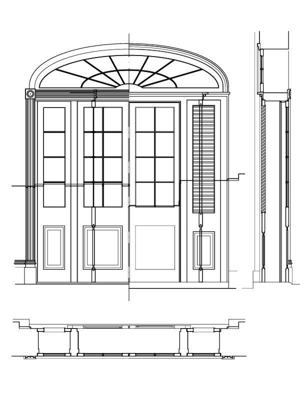 REAR ENTRANCE ELEVATION AND SECTION