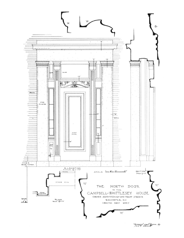 North door elevation of the campbell-whittlesey house showcasing column mouldings,panel moulds, window, and cornice mouldings.