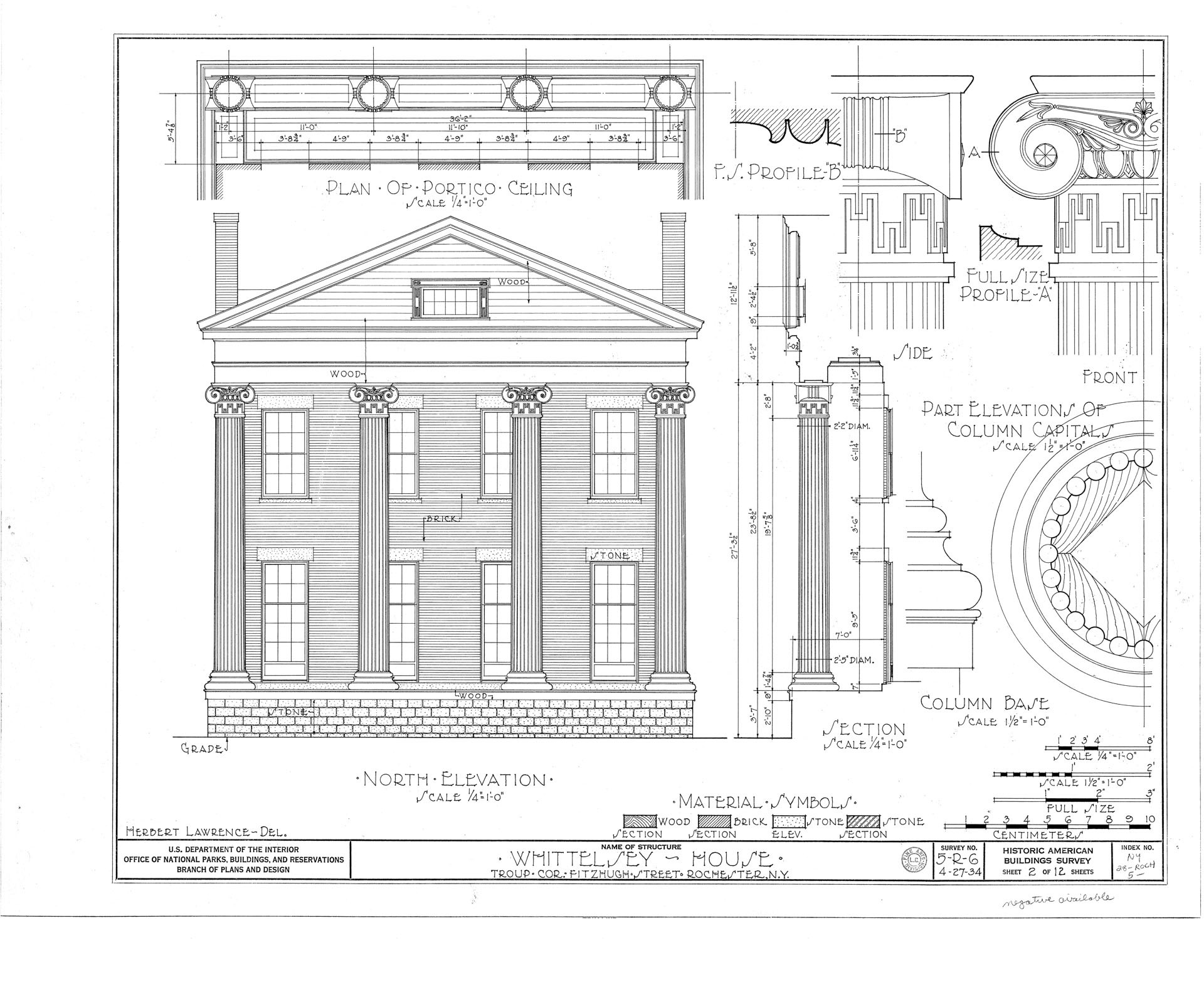 North elevation of Campbell Whittlesey house featuring window mouldings, columns, brick exterior, wooden roof, and all brick chimney.