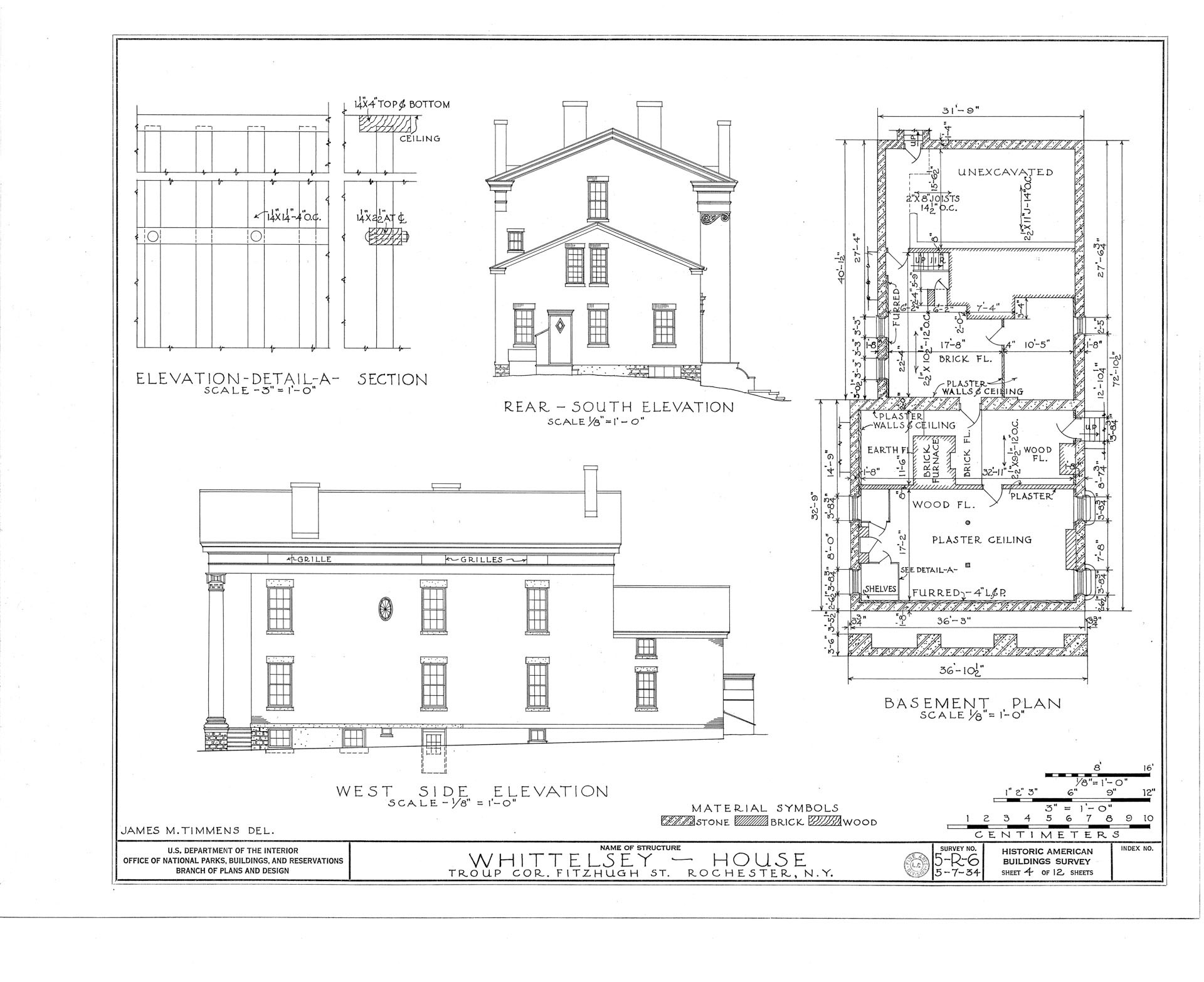 Westside elevation, and rear side elevation of Campbell Whittlesey house featuring window mouldings, and all brick chimneys.