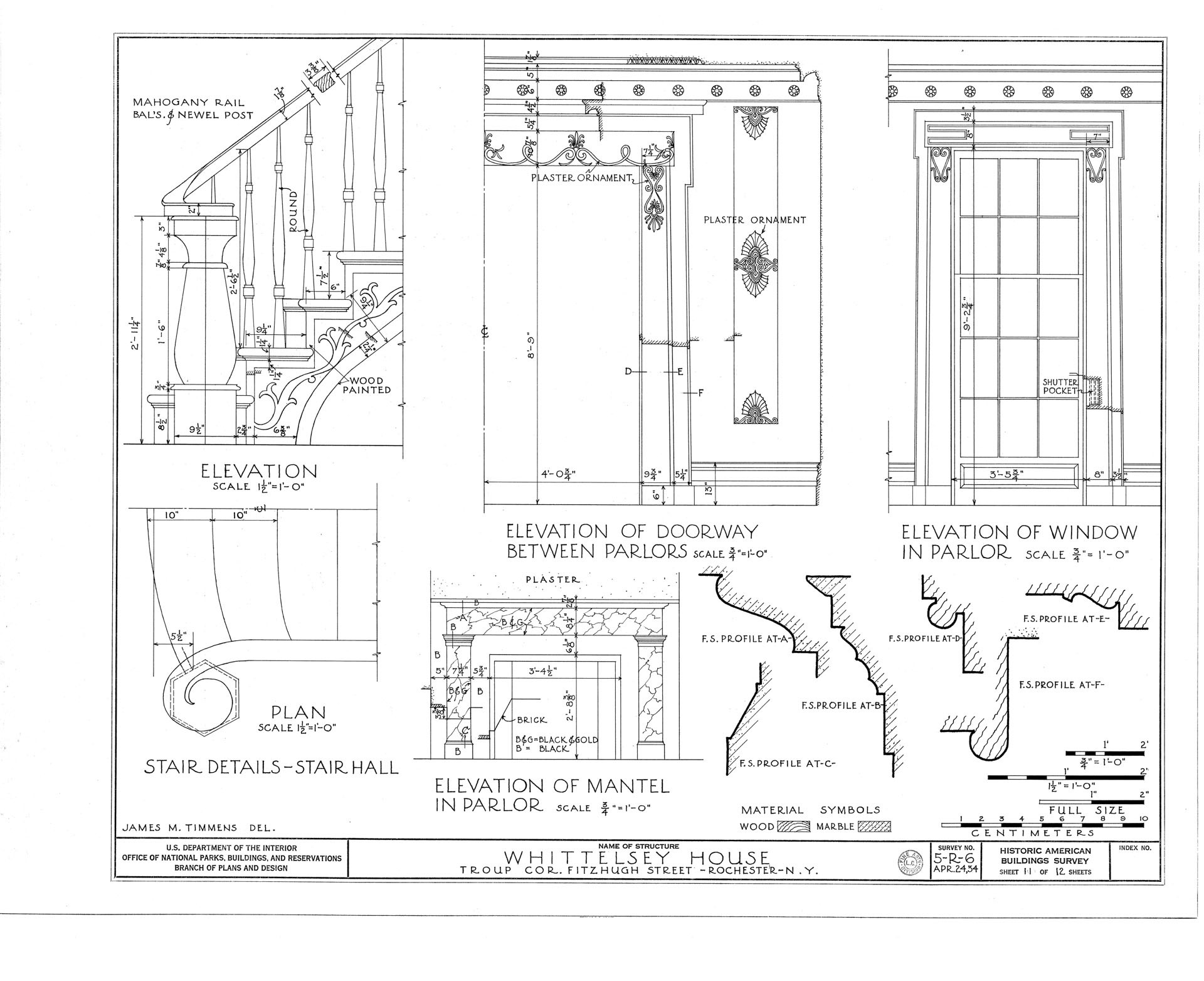 Campbell-whittlesey house blueprint featuring an elevation for mantle in parlor, window in parlor, doorways between parlors, and stair details.