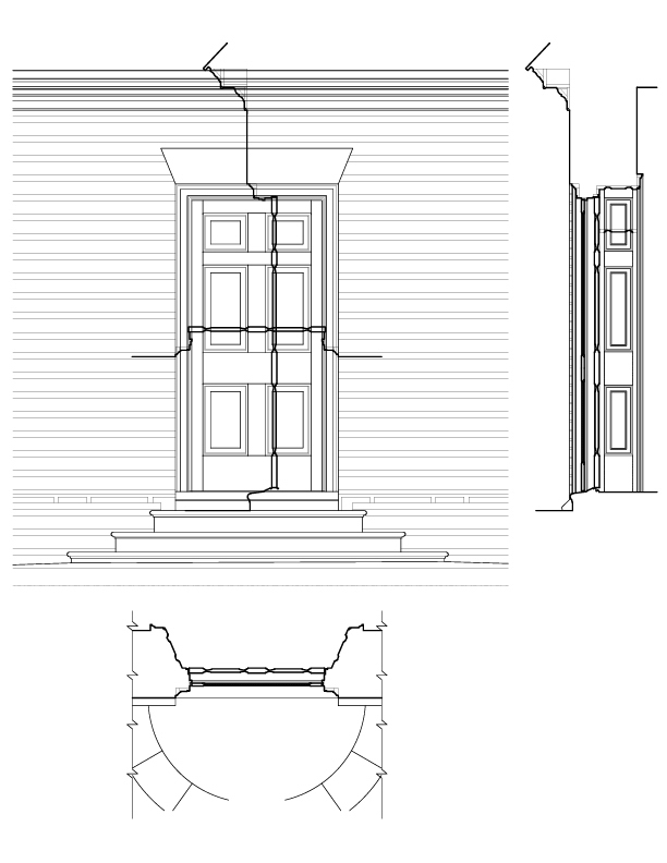 OFFICE ENTRANCE SOUTH ELEVATION AND SECTION