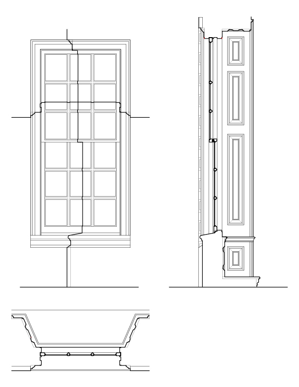 OFFICE SOUTH WINDOW ELEVATION AND SECTION