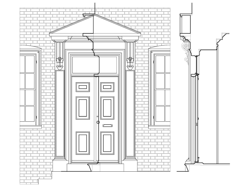 FRONT ENTRANCE ELEVATION AND SECTION