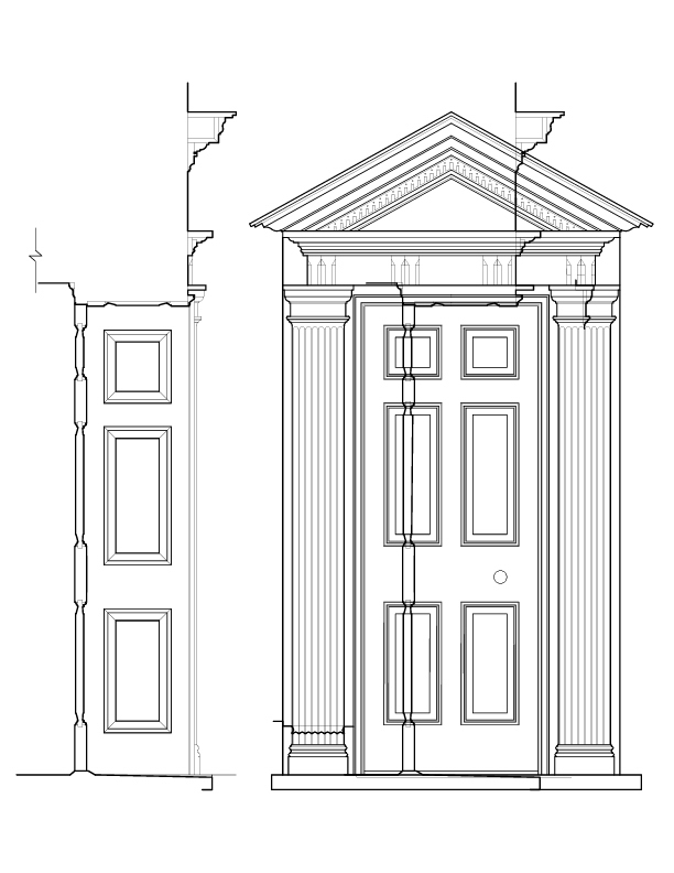 WEST ENTRANCE ELEVATION AND SECTION