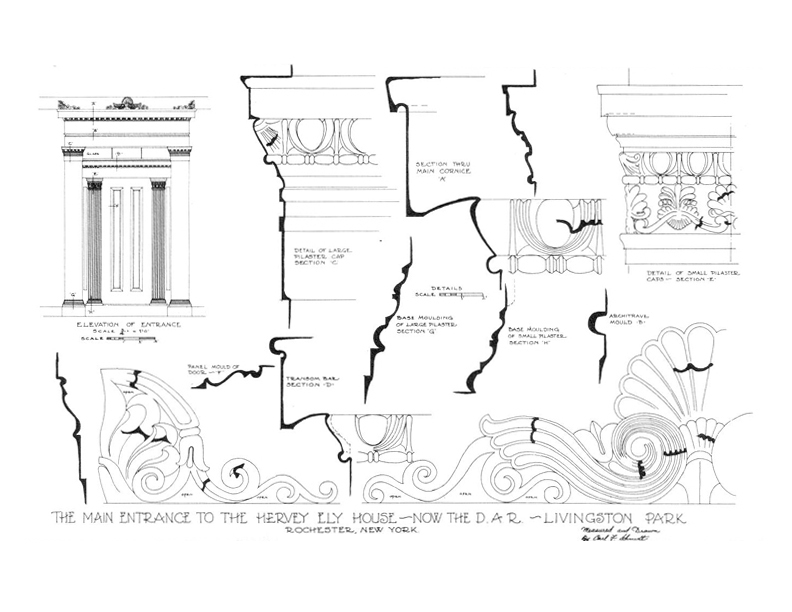 Elevation of main entrance for the Hervey Ely house.