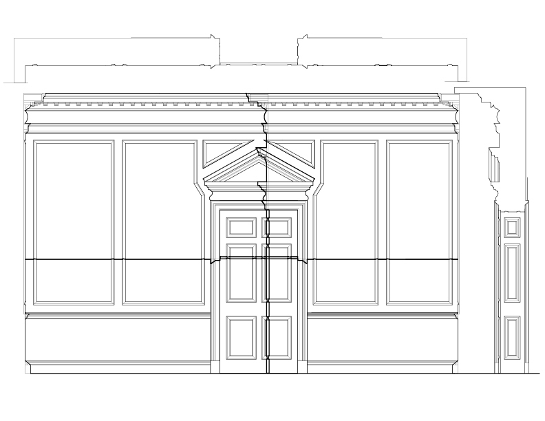 LIVING ROOM WEST WALL ELEVATION AND SECTION