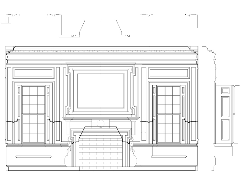 LIVING ROOM MANTEL END ELEVATION AND SECTION
