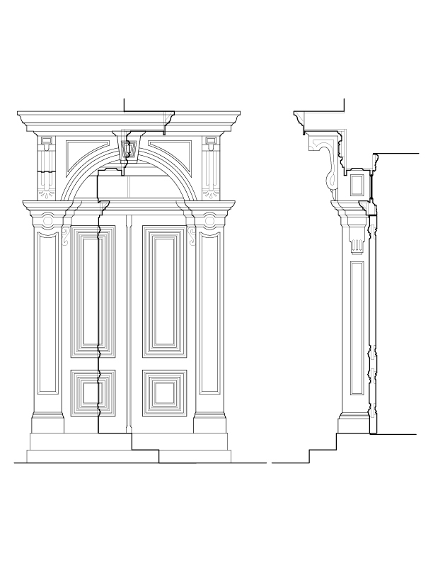 FRONT ENTRANCE ELEVATION AND SECTION