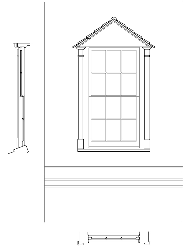 REAR DORMER OF MAIN BUILDING EXTERIOR ELEVATION AND SECTION