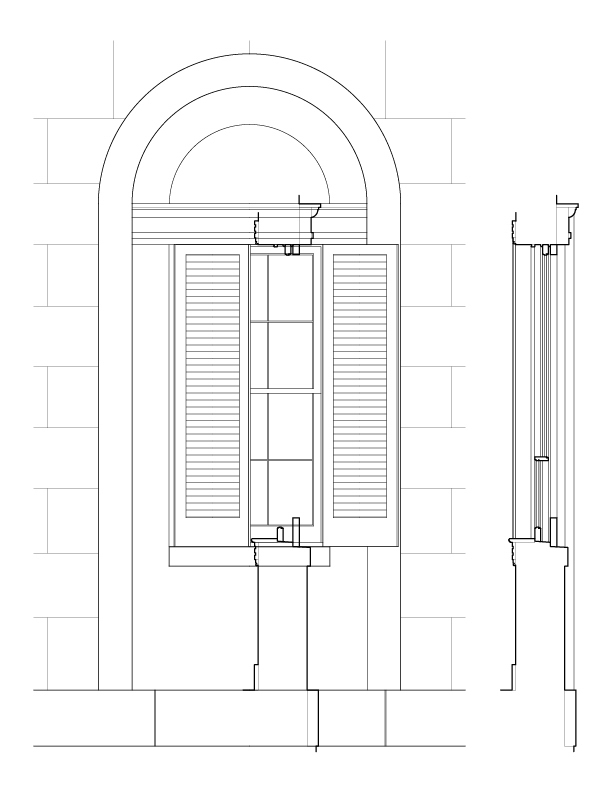 SOUTH WINDOW ELEVATION AND SECTION
