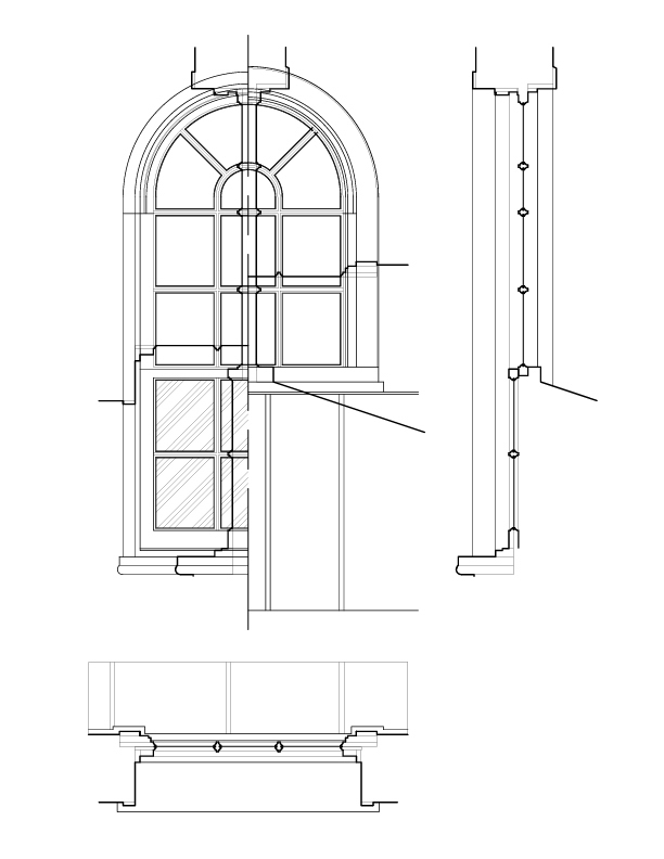 STAIR HALL ARCHED WINDOW ELEVATION AND SECTION
