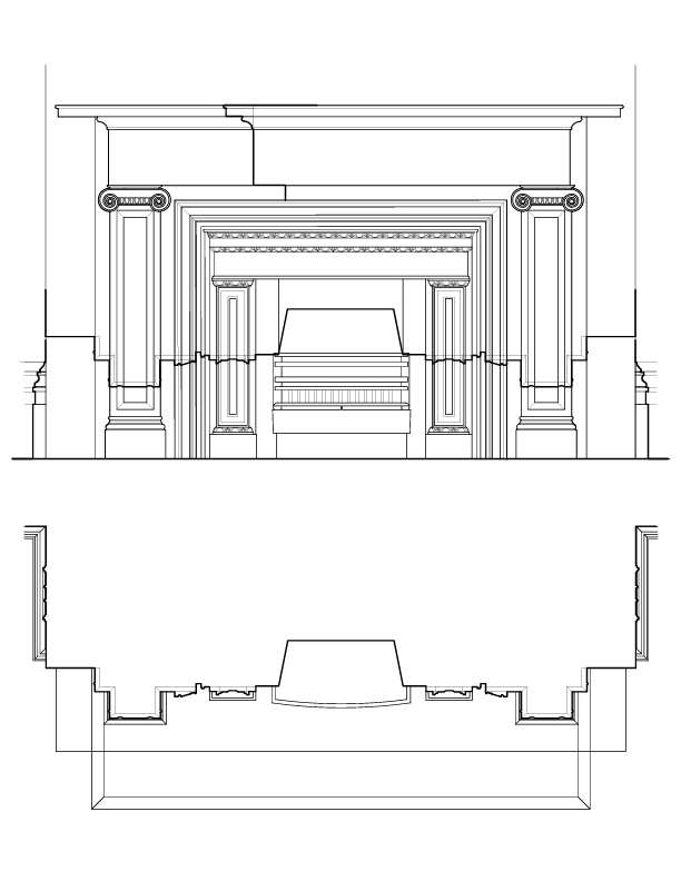 WEST PARLOR FIREPLACE ELEVATION AND PLAN