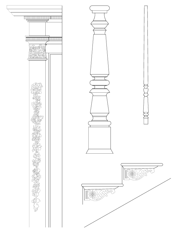 DOOR SURROUND, NEWEL POST, BALUSTER, STAIRHALL DETAILS