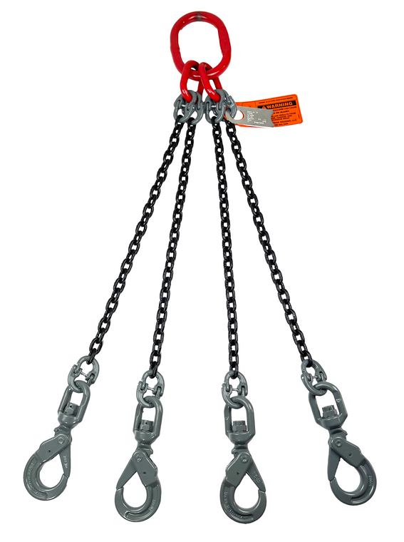 Chain Sling - 1/2" x 6' Quad Leg with Swivel Positive Locking Hooks - Grade 80