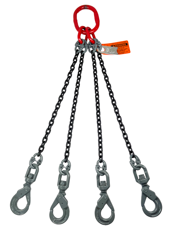 Chain Sling - 5/16" x 10' Quad Leg with Swivel Positive Locking Hooks - Grade 80