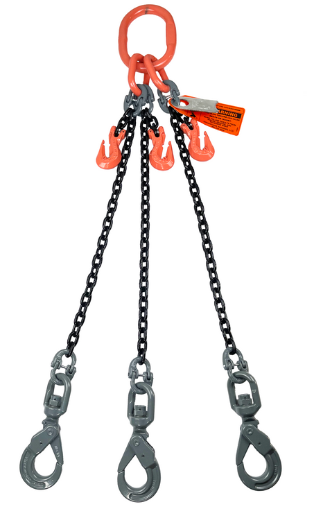 Chain Sling - 1/2" x 5' Triple Leg with Swivel Positive Locking Hooks and Adjusters - Grade 100