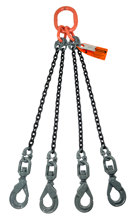 Chain Sling - 3/8" x 6' Quad Leg with Swivel Positive Locking Hooks - Grade 100