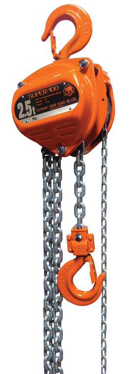 Elephant Super 100 Manual Chain Hoist with Top Hook Mount and Overload Protection - 30' lift - 3 Ton