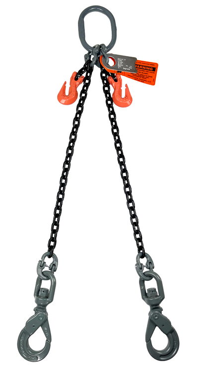 Chain Sling - 3/8" x 6' Double Leg with Swivel Positive Locking Hooks and Adjusters - Grade 100