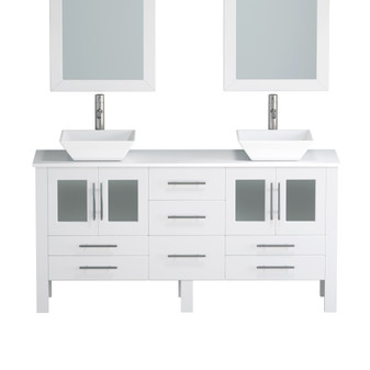 63 Inch White Wood and Trim Porcelain Vessel Sink Double Vanity Set – 8119WF