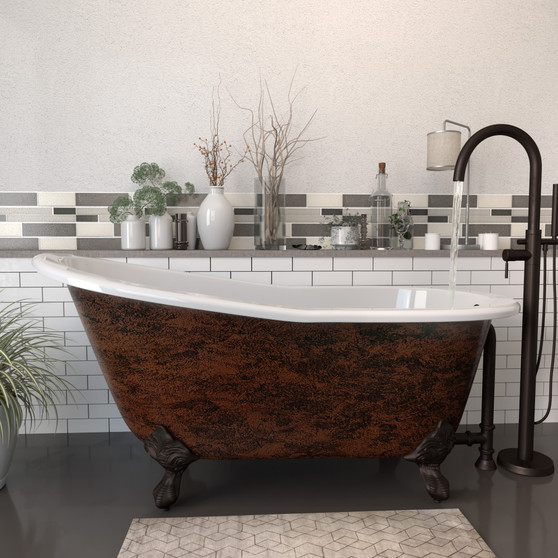 61" Copper Bronze Finished Cast Iron Single Slipper Clawfoot Bathtub With 150 Freestanding Faucet In Oil Rubbed Bronze