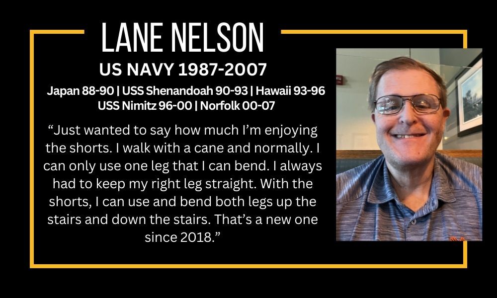 Lane Nelson, US NAVY 1987-2007, Testimonial about SAFS shorts. He normally walks with a cane. With SAFS shorts he can bend both legs and get up and down stairs.