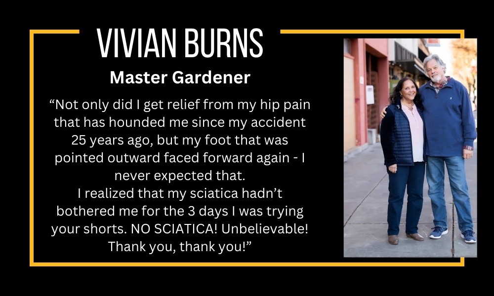 Vivian Burns SAFS shorts testimonial. Vivian is a master gardener who wears SAFS shorts to relieve hip pain and sciatica. She wears SAFS while gardening to prevent pain before it starts. 