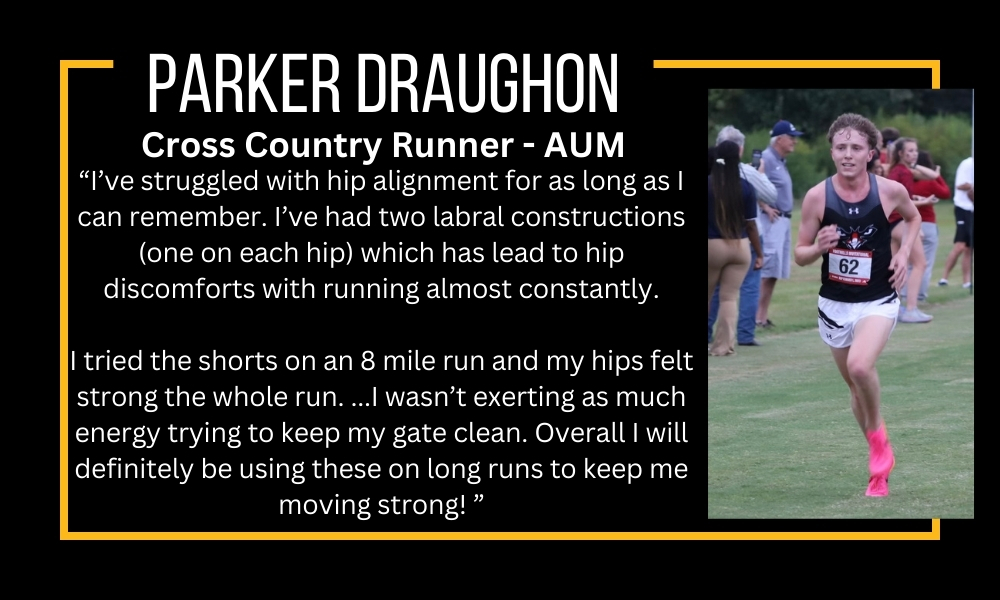Parker Draughon SAFS shorts testimonial. Parker is a cross contry runner for AUM and uses the SAFS shorts to relieve pain from hip surgeries. He wears SAFS to run every meet.