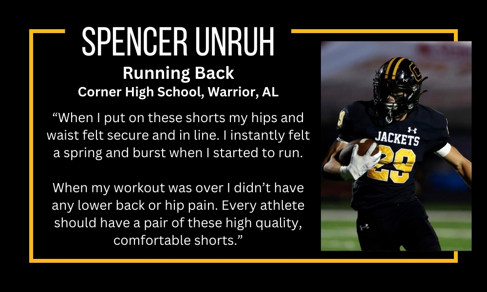 Spencer Unruh Testimonial for SAFS shorts. Spencer is a running back in Warrior AL. SAFS relieve lower back and hip pain for Spencer. He wears them everyday.