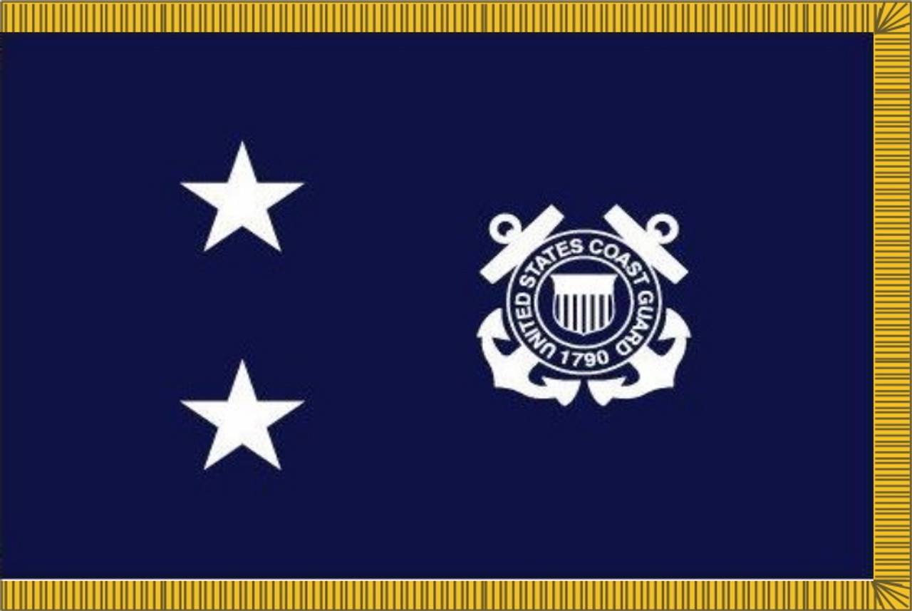 Coast Guard Rear Admiral Flag, 2 Star Nylon Applique with Pole Hem and Gold Fringe, Size 4'4" x 5'6", USCGM002104054