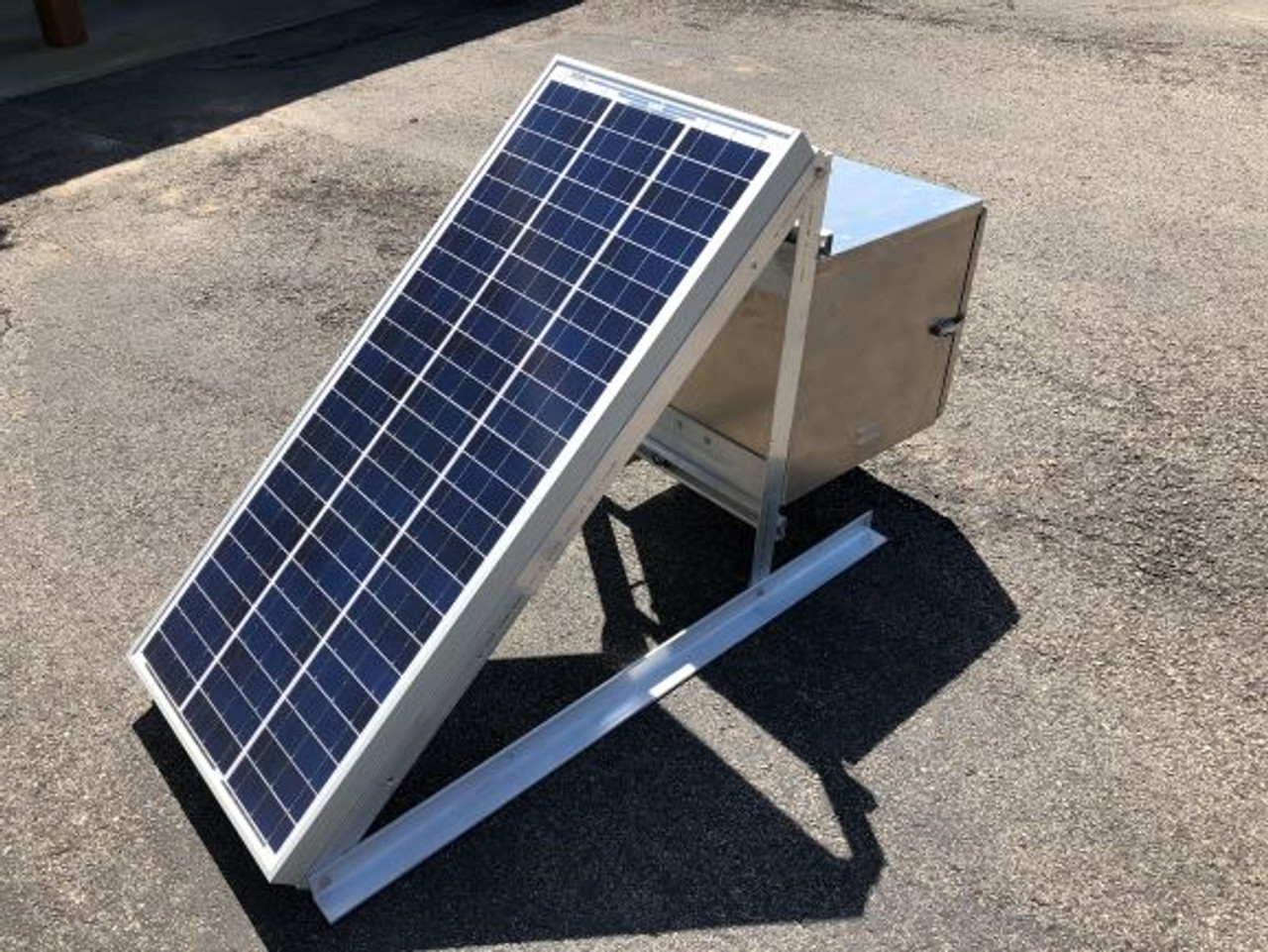 Factory assembled aluminum ground (skid) mount Solar panel, frame, Battery/control box. Tapped with strain relief fittings to connect the StarGazer(s) for easy cable termination at time of installation