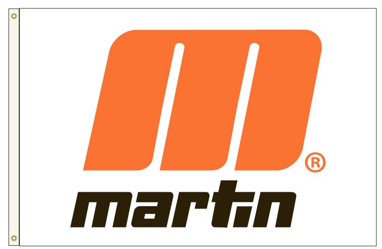 Custom Digital Single Reverse 4' x 6' Evertex Flag w/header and Grommets "MARTIN" LOGO, White flag, Orange M Black Lettering