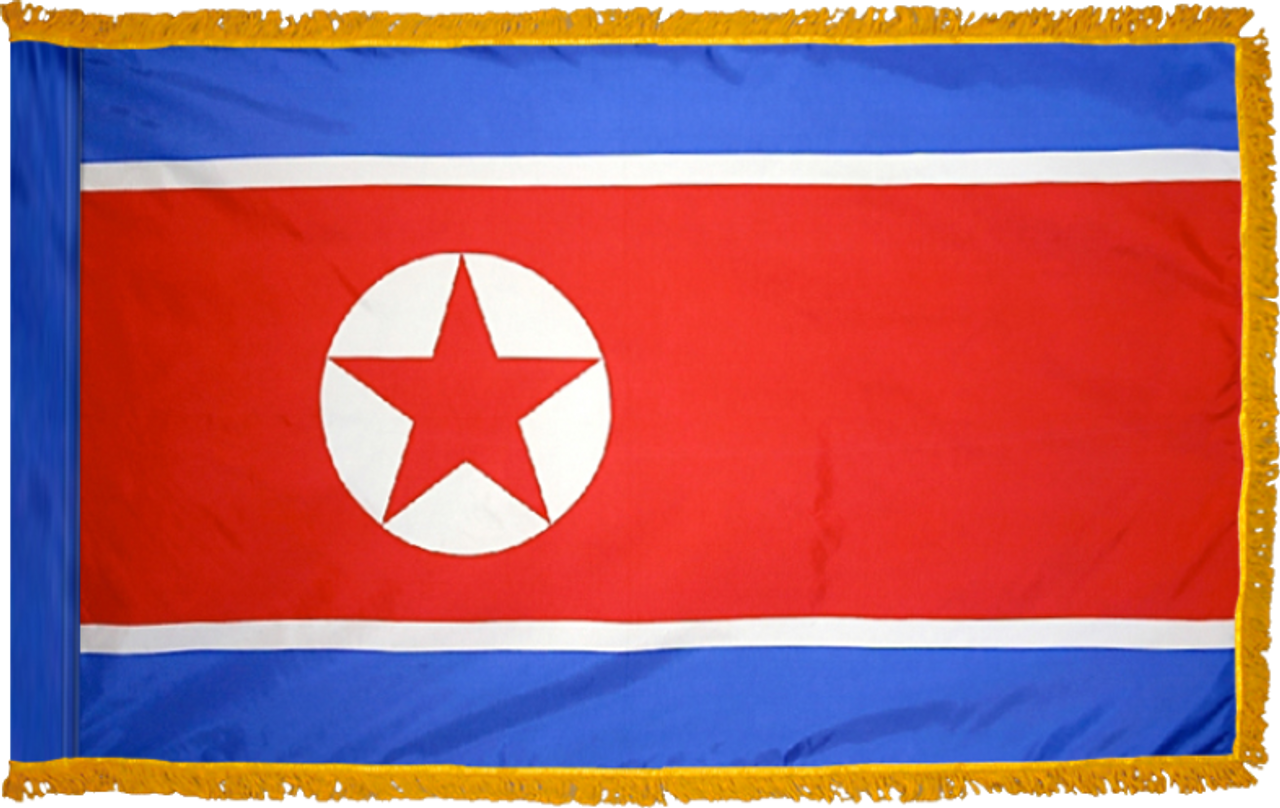 North KoreaFlag with Pole Hem and Gold Fringe