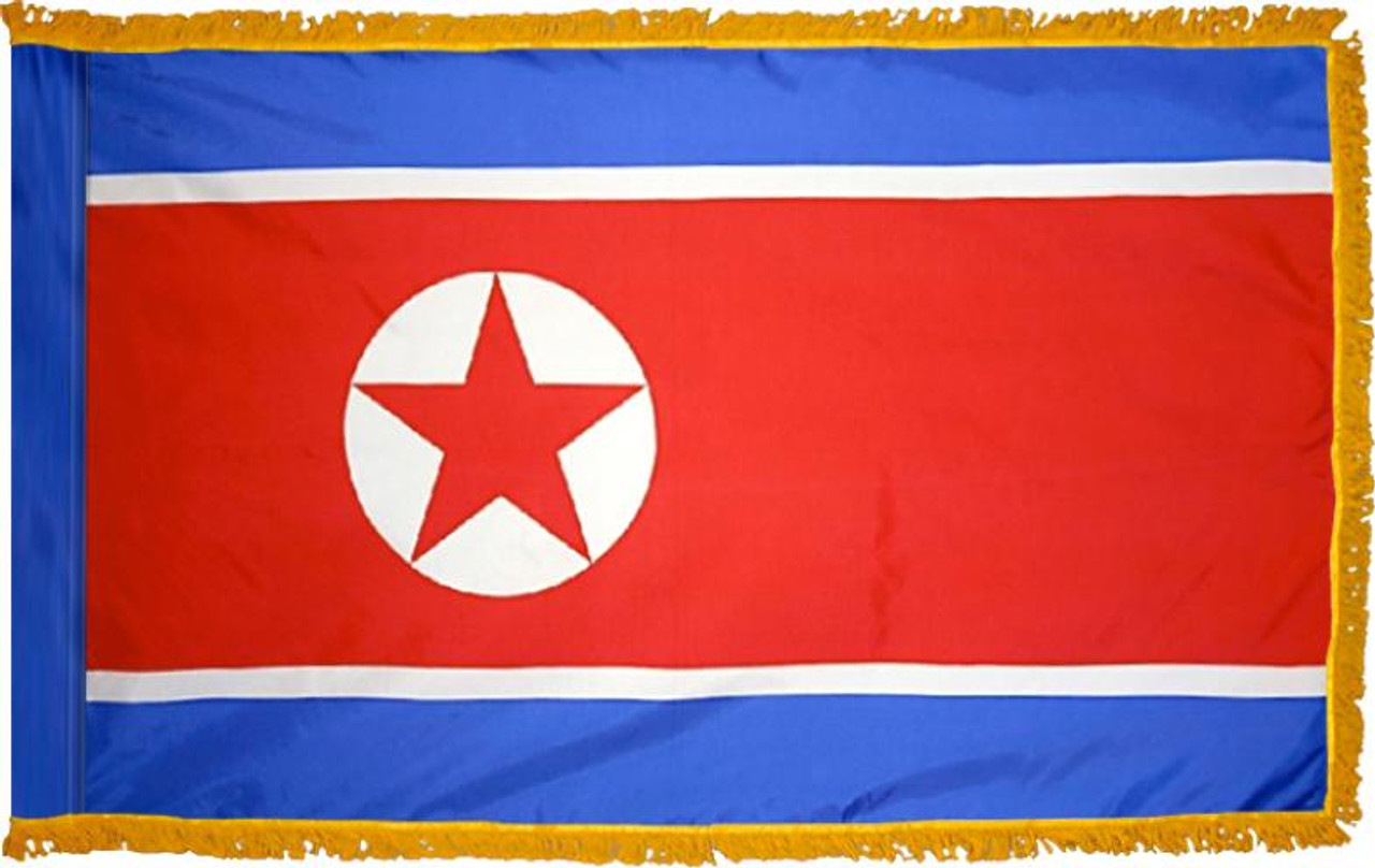North KoreaFlag with Pole Hem and Gold Fringe