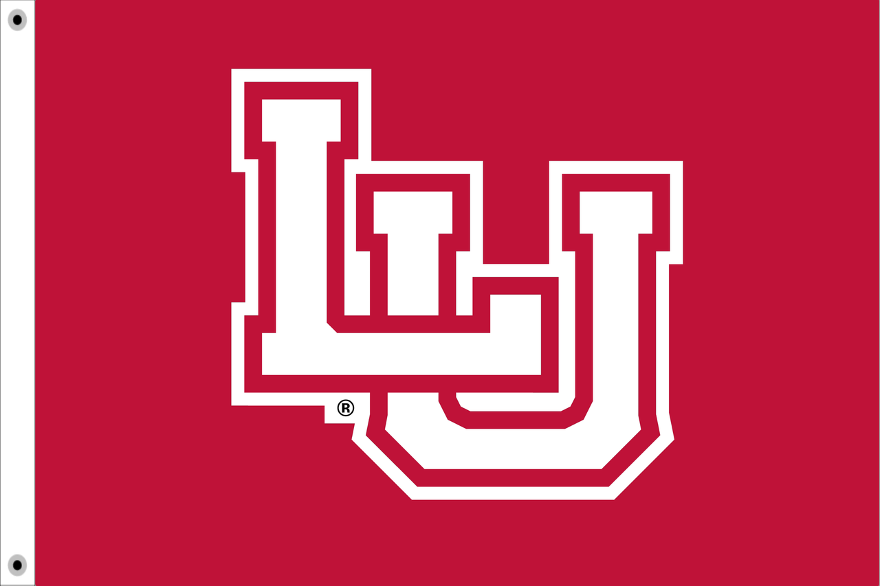 Custom Applique Double Sided 8' X 12' Lamer University Interlocking Letters on Red Background w/Rope & Thimbles