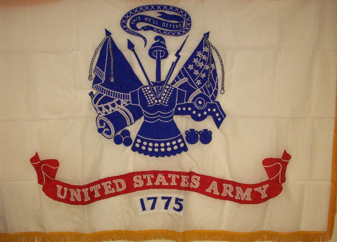 Army Indoor Applique Flag; US Army 3' x 5' Nylon Applique with Polehem and Gold Fringe