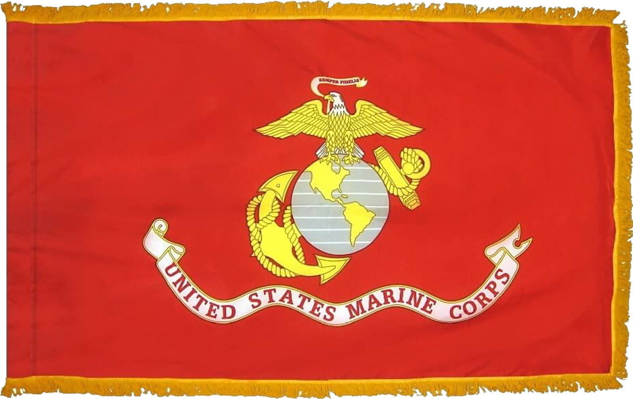 US Marine Corps Flag, 3' x 4', Nylon with Pole Hem and Gold Fringe